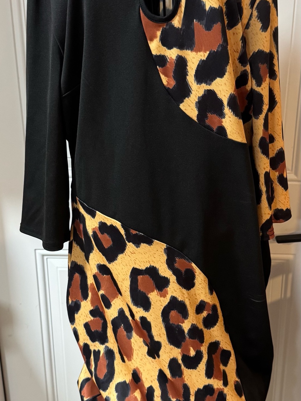 Black and Leopard-Print Long Sleeve Womenโs Dress